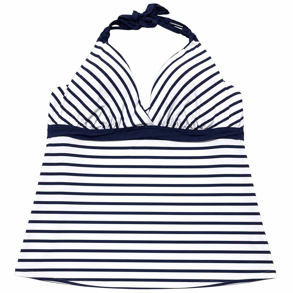 Lands End Womens 18 Tankini Top Navy White Striped Halter V-Neck Nautical Swim